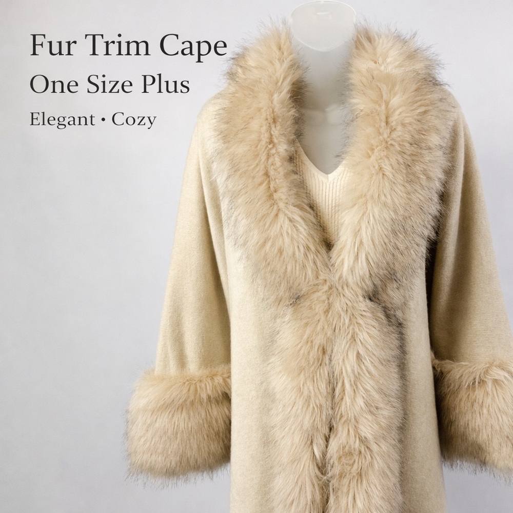AGB Faux Fur Trim Cape Poncho One Size Plus Elegant Cream Wrap